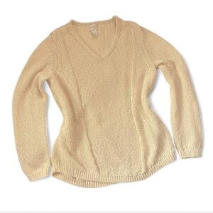 Chicoβs Cream Gold Metallic Knit Sweater V Neck Cozy Size 2